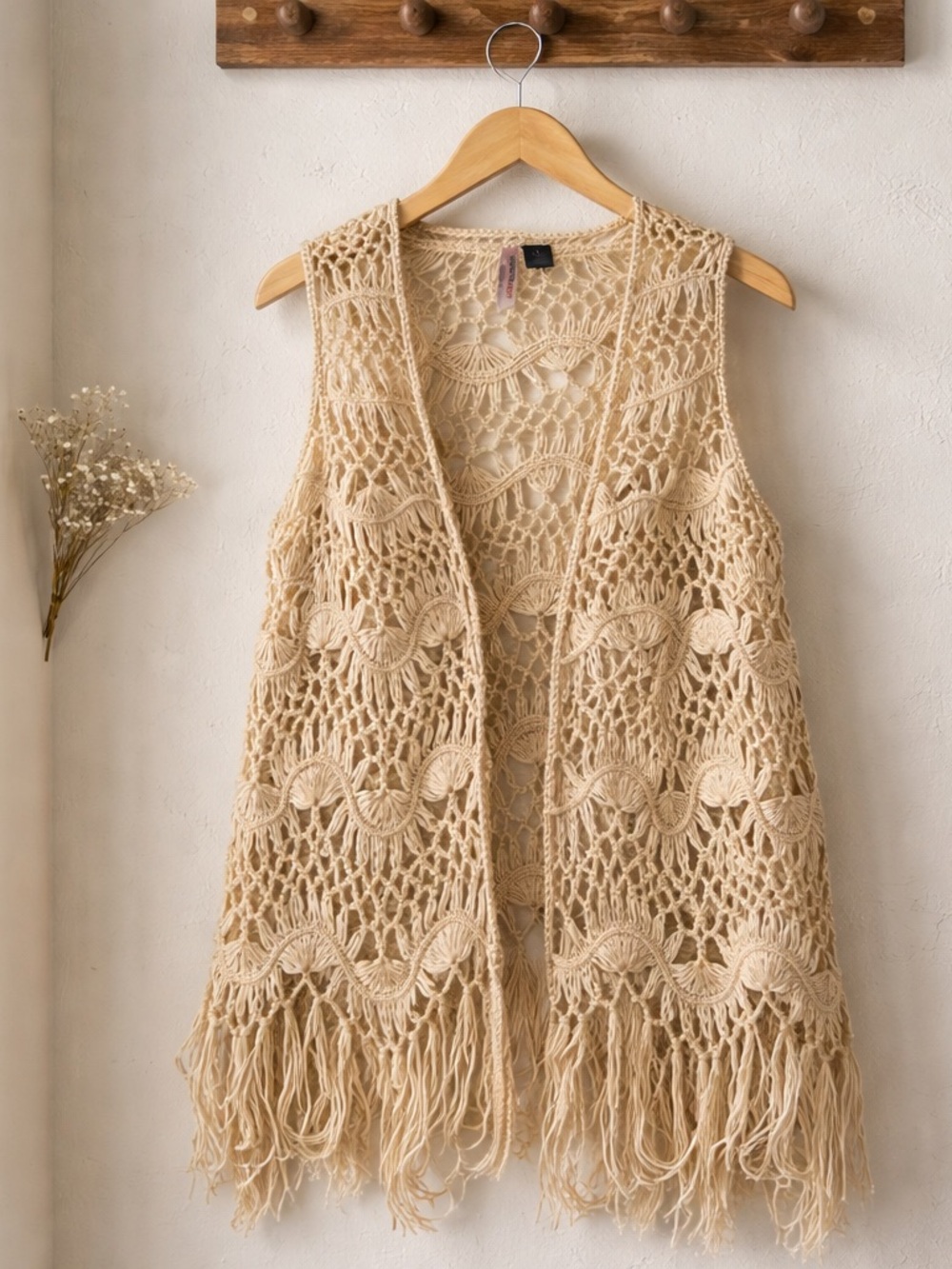 Love By Design Crochet Fringe Vest in Natural Beige